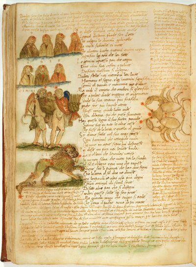 Ms Ital 483 P.4.7 f.156v 《双子座》、《狮子座》和《巨蟹座》，选自 Fazio degli Uberti 的《Dittamondo》（牛皮纸） 作者 意大利学校
