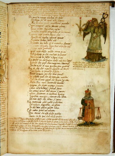 Ital 483 号女士 P.4.7 f.157r 处女座和天秤座，选自 Fazio degli Uberti 的《Dittamondo》（牛皮纸）。 作者 意大利学校