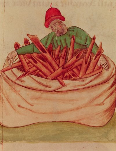 Ms Lat 993 L.9.28 Fol.36v 肉桂商人，选自 Dioscorides 的《Tractatus de Herbis》（牛皮纸）。 作者 意大利学校