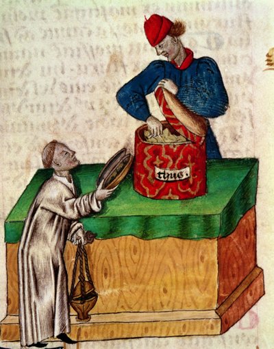 Ms Lat 993 fol.104r 《卖香人》，选自 Dioscorides 的《Tractatus de Herbis》（牛皮纸）。 作者 意大利学校