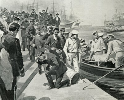 俄国战列舰波特金号在罗马尼亚康斯坦察港登陆时发生叛变，《意大利画报》插图，1905 年 7 月 23 日。 作者 意大利学校