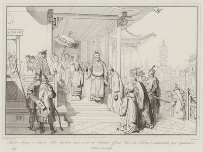 Nicolo Matteo 和 Marco Polo 离开 Cubilai Gran Can de Western Tartars 的宫廷回国 作者 意大利学校