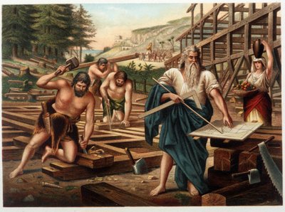 诺伊和他的家人在建造方舟（诺伊在看建造计划），见 "Aurea Bibbia classica: storia della rivelazione divina nell