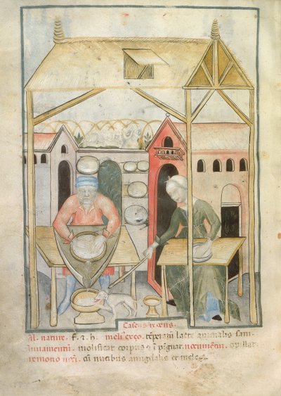 Nouv Acq Lat 1673 fol.58v奶酪的制备，来自Tacuinum Sanitatis，c.1390-1400 作者 意大利学校