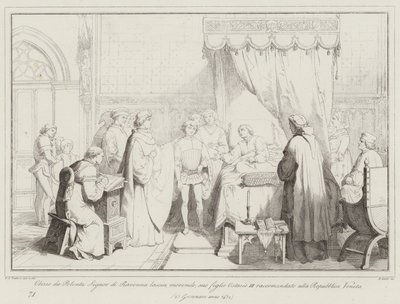 Obizzo da Polenta Signor di Ravenna 叶子垂死，他的儿子 Ostasio III 建议...（雕刻） 作者 Italian School