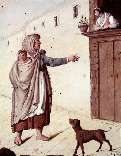 Old Neapolitan metiers: a beggar and her child in the streets of Naples - (Old Neapolitan trades: a beggar) Watercolour of the 19th century - Naples Museo Nazionale di San Martino 作者 意大利学校