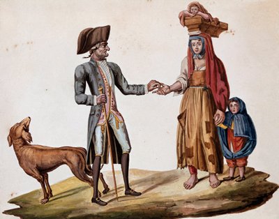 Old Neapolitan metiers: a noble gives a coin to a palmiscian - (Old Neapolitan trades: a rich man gives money to a poor story teller) Watercolour of the 19th century - Naples Museo Nazionale di San Martino 作者 意大利学校