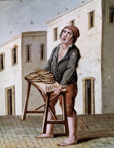 老那不勒斯 Metiers：披萨卖家 - 19 世纪水彩画 - 那不勒斯圣马蒂诺国家博物馆 作者 意大利学校