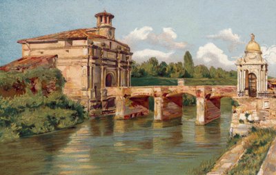 帕多瓦 / Padua：威尼斯门和 Bacchiglione 桥 (chromolitho) 作者 意大利学校