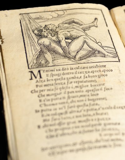 彼得·阿雷蒂诺（Pietro Aretino）的《索内蒂·卢苏里奥西》（Sonetti Lussuriosi）的页面，由朱利奥·罗马诺（Giulio Romano）插图和马尔坎通尼奥·雷蒙迪（Marcantonio Raimondi）刻制，于约1527年出版，威尼斯 作者 意大利学校