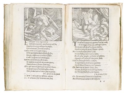 彼得·阿雷蒂诺（Pietro Aretino）的《索内蒂·卢苏里奥西》（Sonetti Lussuriosi）的页面，由朱利奥·罗马诺（Giulio Romano）插图和马尔坎通尼奥·雷蒙迪（Marcantonio Raimondi）刻制，于约1527年出版，威尼斯 作者 意大利学校