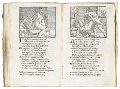 彼得·阿雷蒂诺（Pietro Aretino）的《索内蒂·卢苏里奥西》（Sonetti Lussuriosi）的页面，由朱利奥·罗马诺（Giulio Romano）插图和马尔坎通尼奥·雷蒙迪（Marcantonio Raimondi）刻制，于约1527年出版，威尼斯 作者 意大利学校