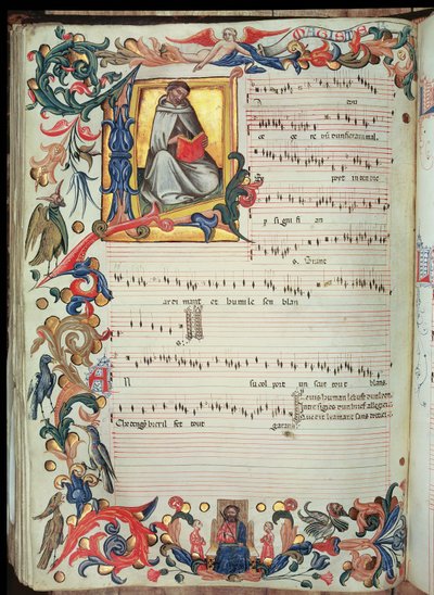 带有历史悠久的首字母的乐谱页，来自 Squarcialupi Codex，由佛罗伦萨 S. Maria degli Angeli 修道院制作（牛皮纸） 作者 意大利学校