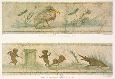 鹈鹕，水生植物和侏儒在鳄鱼之前逃离，在原始壁画之后，由G. Bendinelli的图像du Colombaire de la Villa Pamphilj，1941年 作者 意大利学校