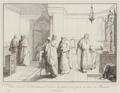 Pietro Orseolo I abbandona il trono e la patria per farsi monaco in Francia, 978 (engraving) 作者 Italian School