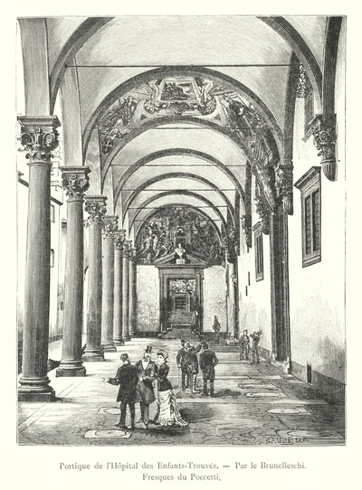 Hôpital des Enfants-Trouves 的门廊，Brunelleschi 着，Poccetti 的壁画（雕刻） 作者 意大利学校