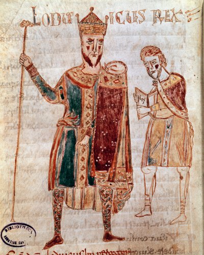 虔诚的路易一世 (778-840) 的肖像，法国国王手稿页（第 4 女士）“Codex Legum Longobardorum”（或 Langobardorum）描述了罗塔里国王建立的伦巴第王国的法律 作者 意大利学校