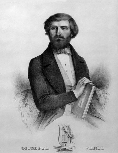 意大利作曲家朱塞佩·威尔第 (Giuseppe Verdi，1813 - 1901) 于 1844 年的肖像，配以歌剧“我应得的福斯卡里”的乐谱。 作者 意大利学校