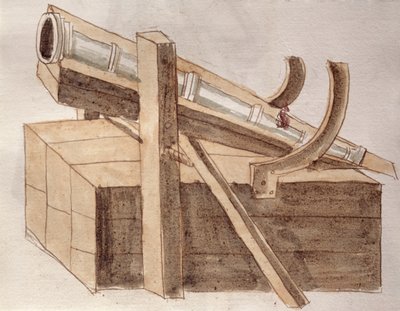 大炮项目，插图选自 Roberto Valturio（1405-75 年，1470 年）的《De re Militari》（纸张上的钢笔、墨水和水彩）。 作者 意大利学校