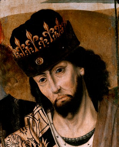安茹的罗伯特一世（1278-1343 年）西西里国王和格尔夫党领袖的形象 详情。那不勒斯画派绘画。15 世纪末。那不勒斯，卡波迪蒙特国家博物馆 作者 意大利学校