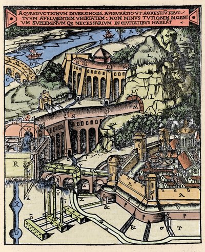 Representation of an aqueduct. Coloree engraving from “” De Architectura”” by Vitruva (1st century BC) - Edition of Gottardo da Ponte, Come 作者 意大利学校