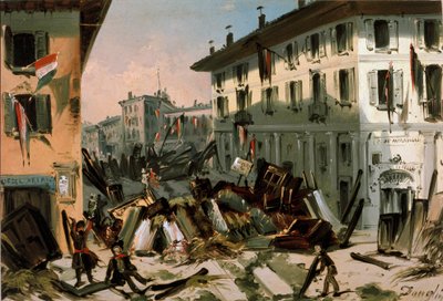 1848 年革命，米兰五天：3 月 22 日在 corso de porta Vercellina 设置路障（绘画 作者 意大利学校