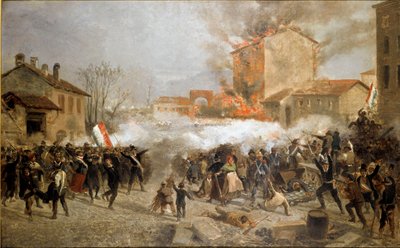 1848 年的革命，米兰的五天：起义者于 3 月 22 日占领了 Porta Tosa（绘画 作者 意大利学校