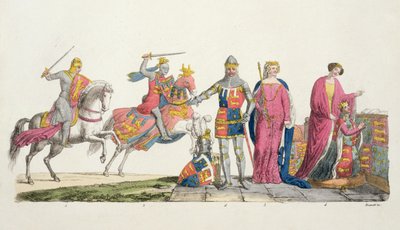 Lionheart的Richard，Gaunt的John，Edward III，Joan Plantagenet和Hainault的Philippa，来自The Nations of the Nations（aquatint）的9号板块 作者 意大利学校