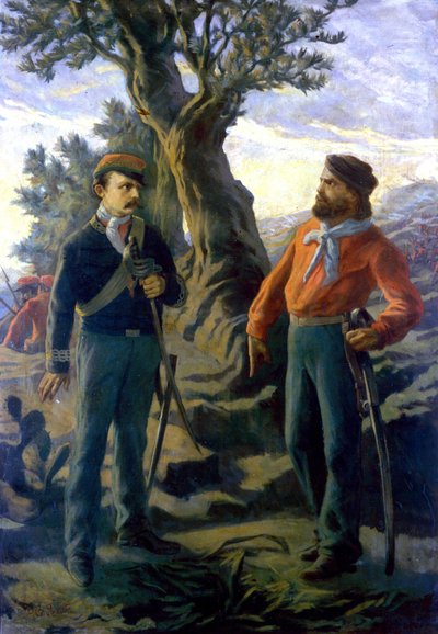 Risorgimento：Gerolamo Bixio 于 1860 年 5 月 15 日在西西里岛的 Calatafimi 战役中称 Nino Bixio（1821-1873）和 Giuseppe Garibaldi（1807-1882）。 加里波第向 Bixio 宣布，Bixio 建议他退出：“”你说什么 Bixio？ 我们在这里建造意大利或 作者 意大利学校