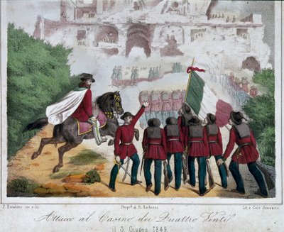 Risorgimento, Roman Republic (Repubblica romana)：朱塞佩·加里波第 (Giuseppe Garibaldi) 军队的士兵于 1849 年 3 月 6 日在马背上试图夺回位于罗马的 Quattro Venti 别墅。 光刻 罗马复兴国家博物馆 作者 意大利学校