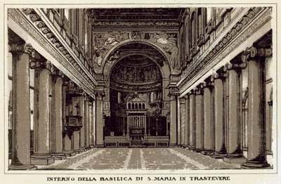 罗马：Trastevere 圣母玛利亚大教堂的内部（石版画） 作者 意大利学校