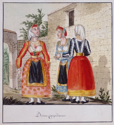 身着 Campidano 服装的撒丁岛妇女，印刷 ms.258，Luzzetti 系列 作者 意大利学校