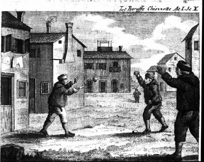卡洛-戈尔多尼（1707-1793）的喜剧作品 "Le baruffe chiozzotte"（Baroufe a Chioggia）（1762）第一幕的第10场。18世纪的雕版画 作者 意大利学校