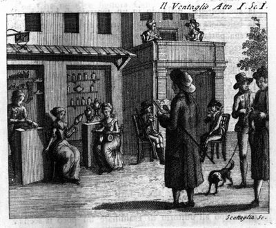 Carlo Goldoni（1707-1793）的漫画作品“Il ventaglio”（The eventel）（1764 年）第一幕第一幕。 18 世纪的雕刻 作者 意大利学校