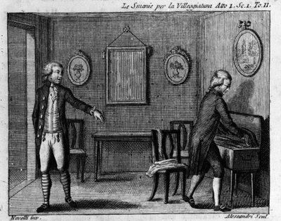卡洛-戈尔多尼（1707-1793年）的喜剧作品 "La smania per la villeggiatura"（La ville）（1761年）第一幕第一场景。18世纪的雕版画。 作者 意大利学校