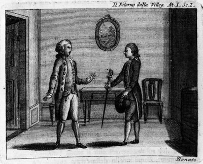 Carlo Goldoni（1707-1793）的漫画作品“Ritorno della villeggiatura”（城市回归）（1761 年）第一幕第一幕。 18 世纪的雕刻 作者 意大利学校