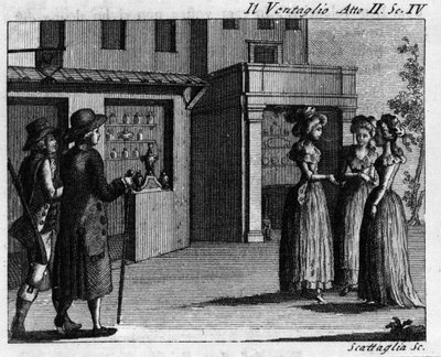Carlo Goldoni（1707-1793）的漫画作品“Il ventaglio”（The eventel）（1764 年）第二幕的第 4 幕。 18 世纪的雕刻 作者 意大利学校