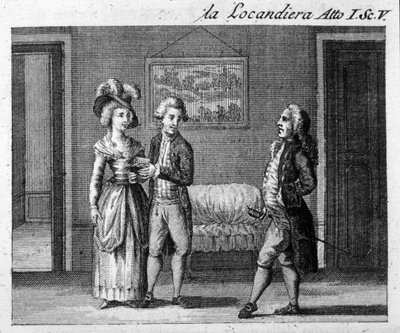 卡洛-戈尔多尼（1707-1793）的作品 "La locandiera"（1753）第一幕第五场。18世纪的雕版画 作者 意大利学校