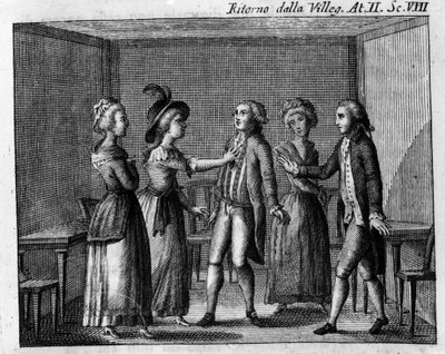 Carlo Goldoni（1707-1793）的漫画作品“Ritorno della villeggiatura”（城市回归）（1761 年）第二幕的第 8 幕。 18 世纪的雕刻 作者 意大利学校