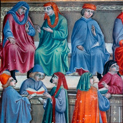 锡耶纳商人。取自锡耶纳贸易立法手稿 "Statuto della Mercanzia "的微型画细节。1342.锡耶纳国家档案馆。 作者 意大利学校
