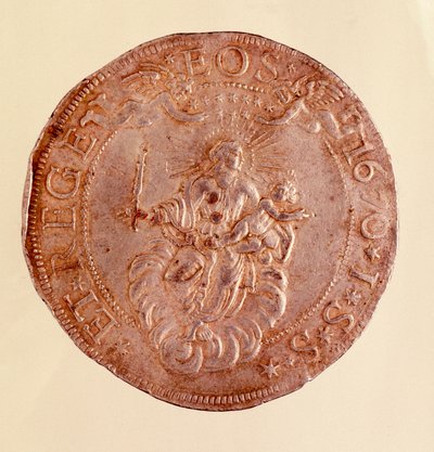 热那亚共和国（Genes）的银币，上面有处女玛利亚和耶稣孩子的图案。1670.直径5.8厘米 那不勒斯，考古博物馆 作者 意大利学校