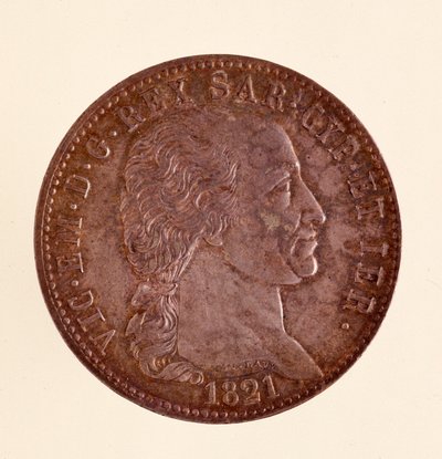 来自撒丁岛王国的意大利银币 (ecu)：维托里奥·伊曼纽尔一世 (Victor Emmanuel I) (1759-1824) 的统治。 1821. 直径。 3.8 厘米那不勒斯，考古博物馆 作者 意大利学校