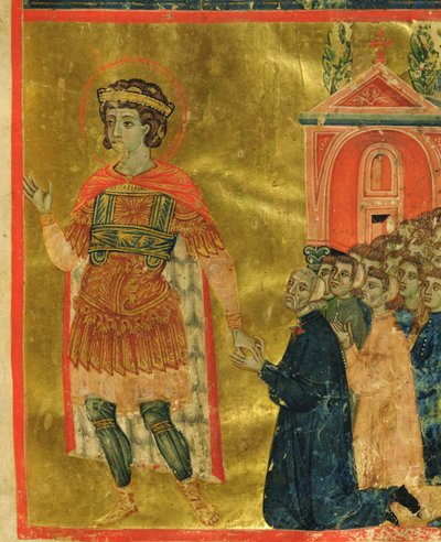 有些兄弟向玛丽娅拉（St.）提供圣西奥多（St. Theodore），1350年（牛皮纸上的墨水和金箔） 作者 Italian School