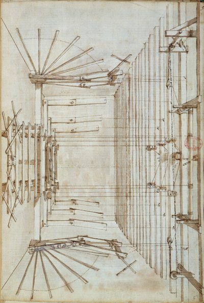 1675年威尼斯San Salvatore剧院的歌剧舞台机械（纸和笔墨水洗） 作者 意大利学校