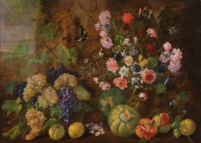 水果和鲜花的静物 作者 Italian School