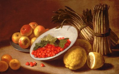 覆盆子，柠檬和芦笋的静物 作者 Italian School