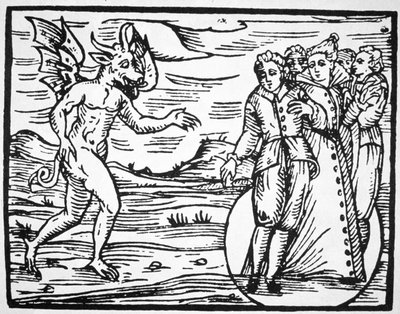 魔鬼的召唤，米兰1608年Fr M Guaccius的Compendium Maleticarum插图的复制品，用于19世纪后期出版的“魔法史” 作者 意大利学校