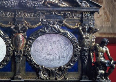 Farnese Chest，描绘巴克斯胜利的椭圆形镶嵌细节，由 Sebastiano Sbarri (fl.1548-61) 和 Giovanni Bernardo da Castel Bolognese 作者 意大利学校