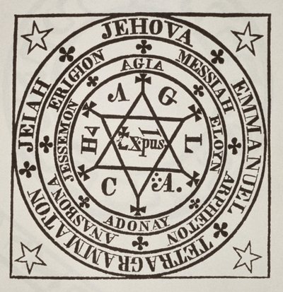 Agrippa用于唤起恶魔的伟大魔术圈，1744年罗马Les Oevres Magiques de Henri Corneille Agrippa的插图复制品，用于19世纪晚期出版的“魔法史”中 作者 Italian School