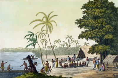 位于Anamooka的Harbour，来自Le Costume Ancien et Moderne的82号板块，由Jules Ferrario出版，出版于1820年代至30年代 作者 意大利学校